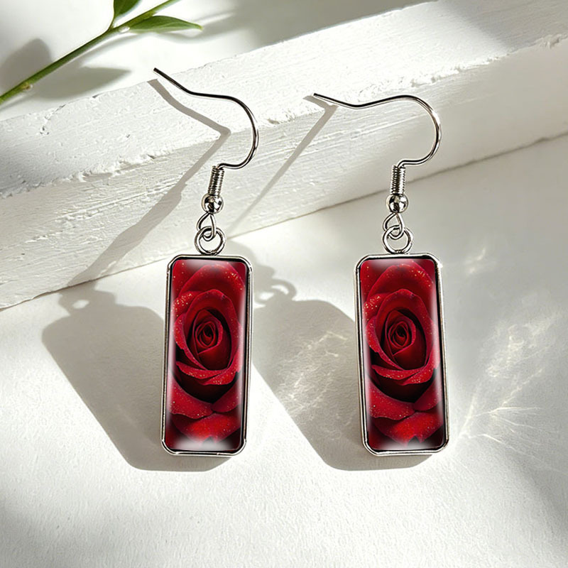 Deep Red Rose Stainless Steel Rectangular Drop Earrings
